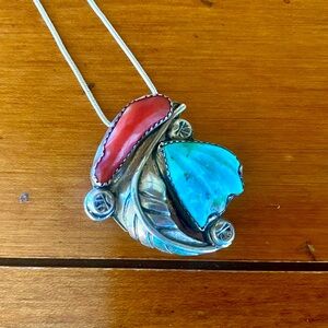 Vintage Native American Sterling, Coral, and Turquoise Fetish Leaf Pendant/Pin